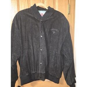 Vintage 90s Camel Black Leather Suede Bomber Jacket Blue Satin Liner Mens L